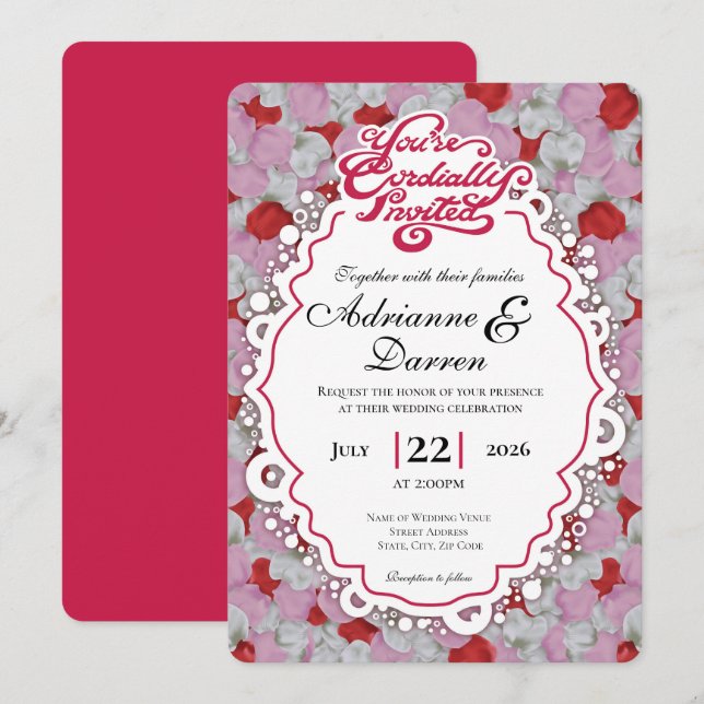 Rose Petal Wedding Invite 1 with Red Letters (Front/Back)