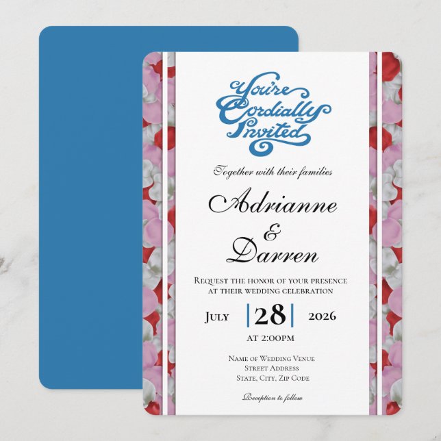 Rose Petal Wedding Invite 3 with Blue Letters (Front/Back)