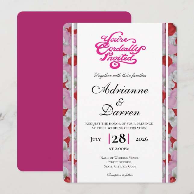 Rose Petal Wedding Invite 3 with Pink Letters (Front/Back)