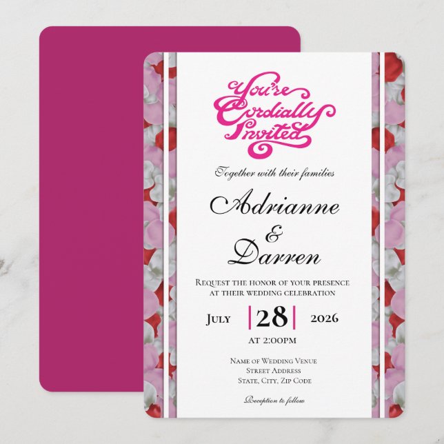Rose Petal Wedding Invite 3 with Pink Letters (Front/Back)