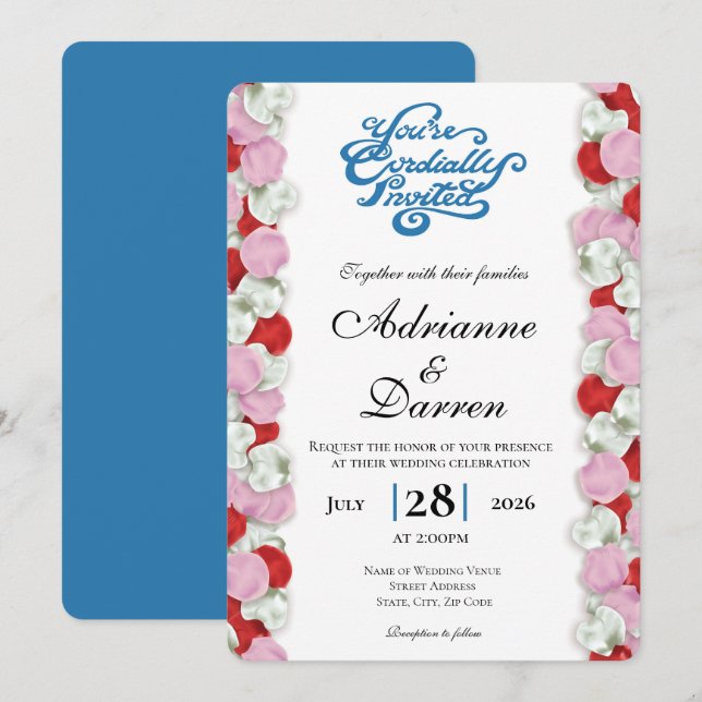 Rose Petal Wedding Invite 4 with Blue Letters (Front/Back)