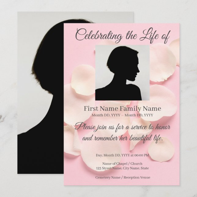 Rose petals pink memorial invitation (Front/Back)
