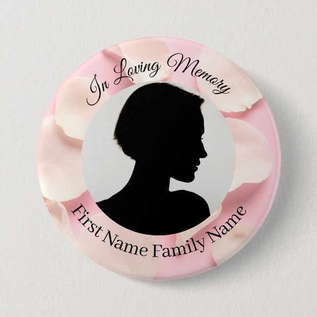 Rose petals pink memorial photo button (Front)