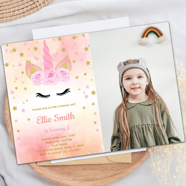 Rose photo Pink Unicorn Invitations d'anniversaire (Photo Rose Pink Unicorn Birthday Invitations)
