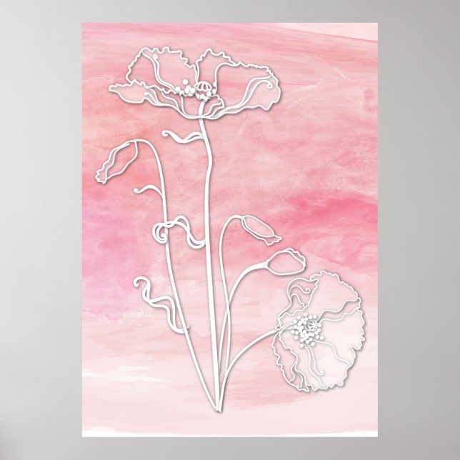 Rose Pink Abstract Watercolor and Poppies Poster (Front)