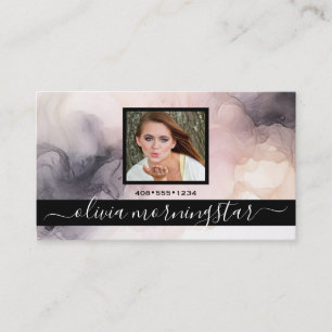 Rose Pink and Black Marbled Ink QR and Photo  Business Card
