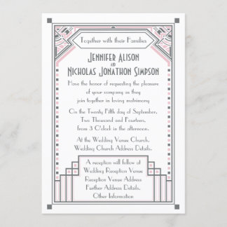 Rose Pink and Grey Gatsby Art Deco Wedding Invitation