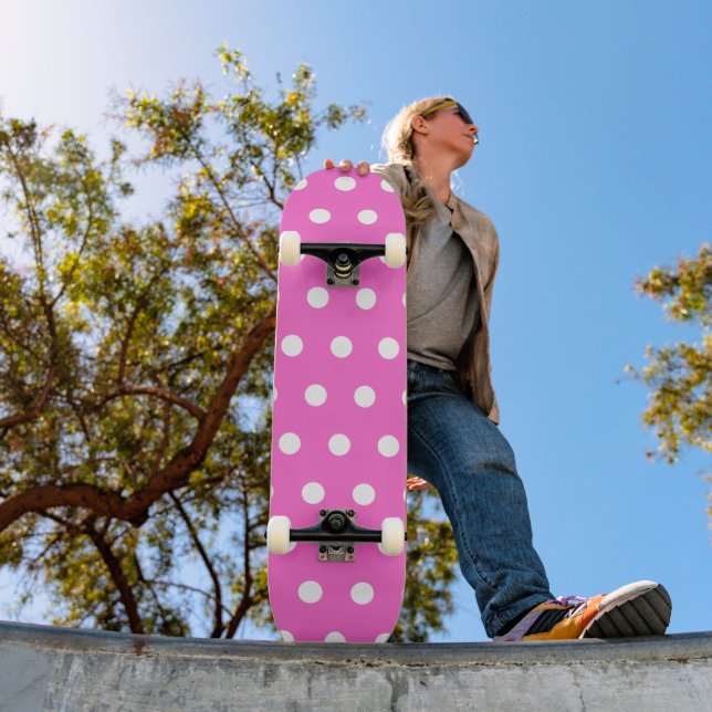Rose Pink and White Polka Dot Skateboard (Outdoor 1)