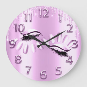 Rose Pink Arabic Number Glitter Drip Lashes Nails Large Clock