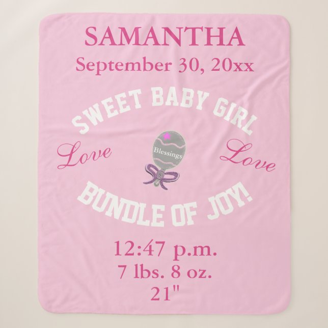 Rose Pink Baby Girl Birth Stats  Sherpa Blanket (Front)