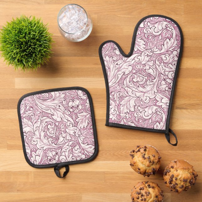 Rose Pink Baroque Ornate Foliage  Oven Mitt & Pot Holder Set (Top Down)