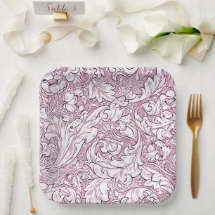 Rose Pink Baroque Ornate Foliage  Paper Plate