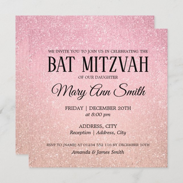Rose Pink Bat Mitzvah Faux Glitter Paint Invitation (Front/Back)