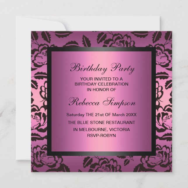 Rose Pink & Black Birthday Invitation (Front)