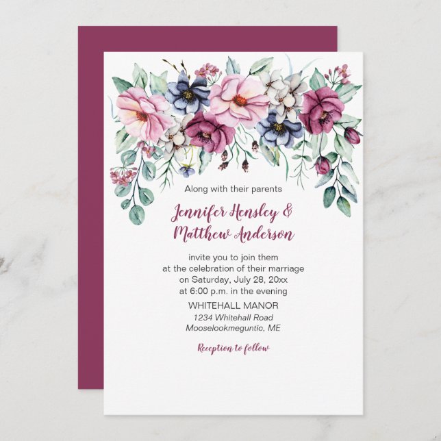 Rose, Pink, Blue Watercolor Floral Drop Wedding Invitation (Front/Back)