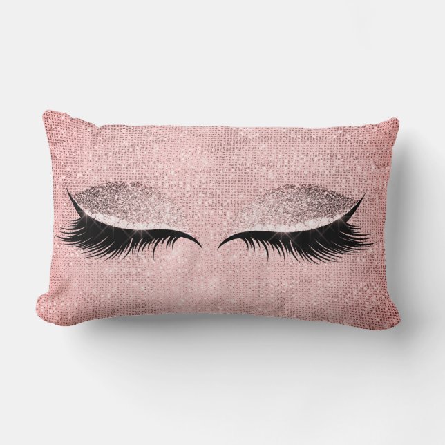 Rose Pink Blush Glitter Black Glam Makeup Sequin Lumbar Pillow (Front)