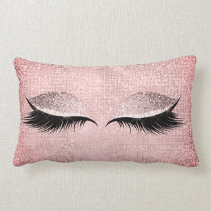 Rose Pink Blush Glitter Black Glam Makeup Sequin Lumbar Pillow
