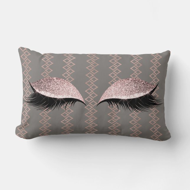 Rose Pink Blush Glitter Grey Glam Makeup Ethnic Lumbar Pillow (Front)