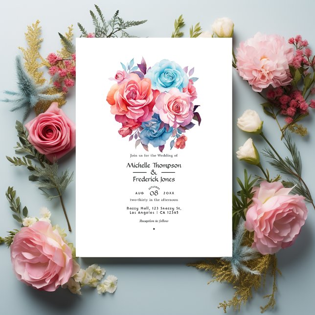 Rose Pink, Blush Pink, Turquoise and Blue Wedding Invitation (Creator Uploaded)