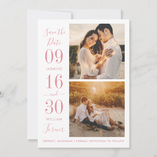 Rose Pink Bold Date Two Photo Forever Wedding Save The Date (Front)