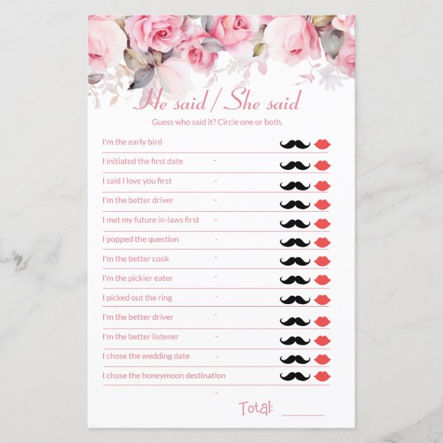 Rose Pink Bridal Shower Game He Said She Said (Front)