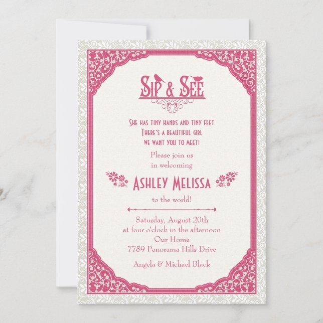 Rose Pink Champagne Lace Sip N See Baby Shower Invitation (Front)
