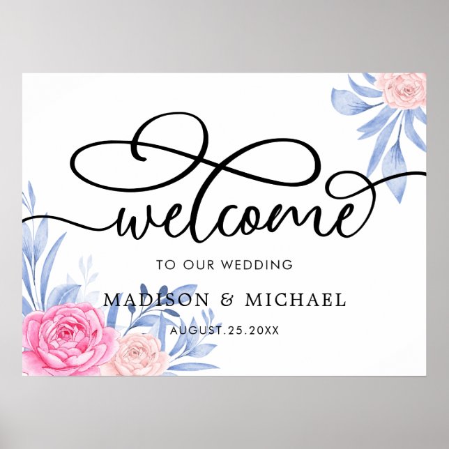 Rose Pink Cloudy Blue Leaves Wedding Welcome Sign (Front)
