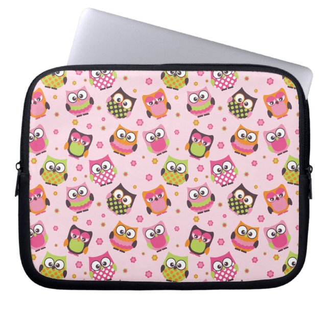 Rose Pink Colourful Owls laptop sleeve (Front)