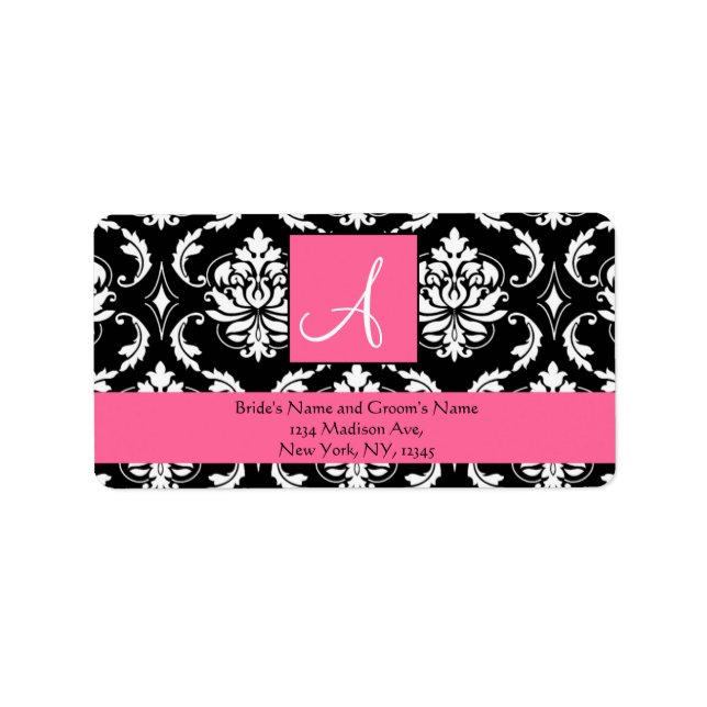 Rose Pink Damask Monogram Wedding Address Labels (Front)