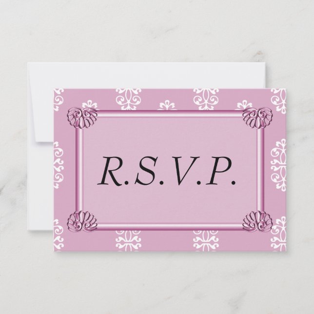 Rose Pink Damask Wedding RSVP Card (Front)