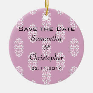 Rose Pink Damask Wedding Save the Date Ceramic Ornament