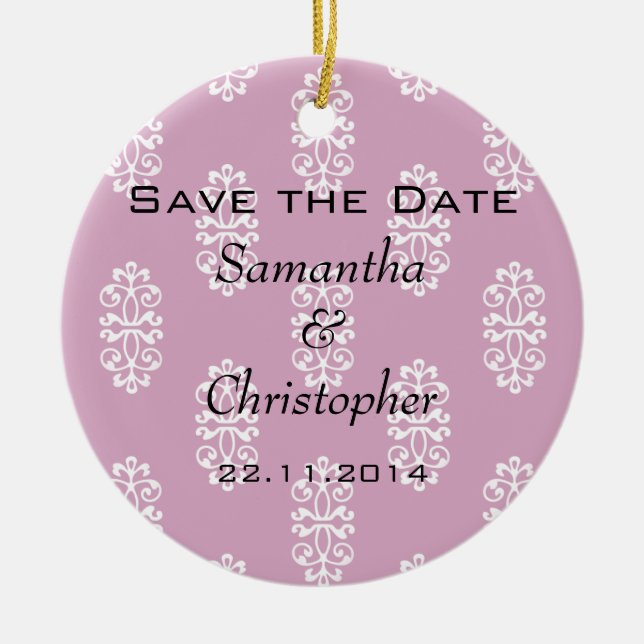 Rose Pink Damask Wedding Save the Date Ceramic Ornament (Front)