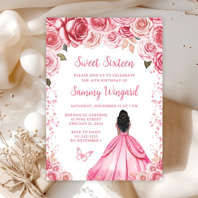 Rose Pink Dark Skin Princess Sweet Sixteen Invitation (Creator Uploaded)