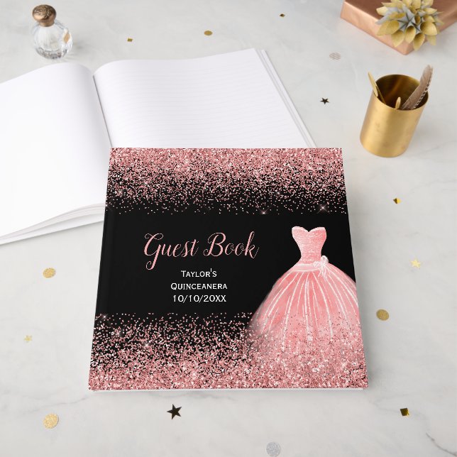 Rose Pink Dress Faux Glitter Quinceanera Guest Book (Front Open)