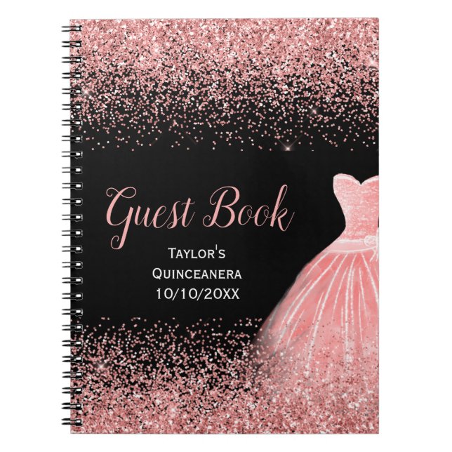 Rose Pink Dress Faux Glitter Quinceanera guest Notebook (Front)