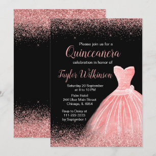 Rose Pink Dress Faux Glitter Quinceanera Invitation