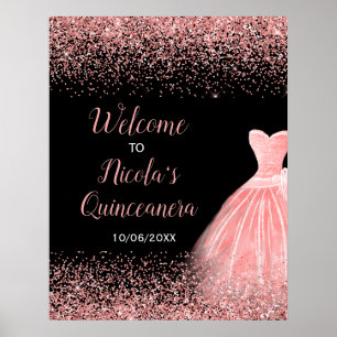 Rose Pink Dress Faux Glitter Quinceanera Welcome Poster
