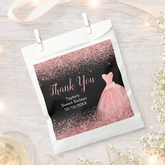 Rose Pink Dress Faux Glitter Sweet 16 Birthday Favour Bag (Clipped)