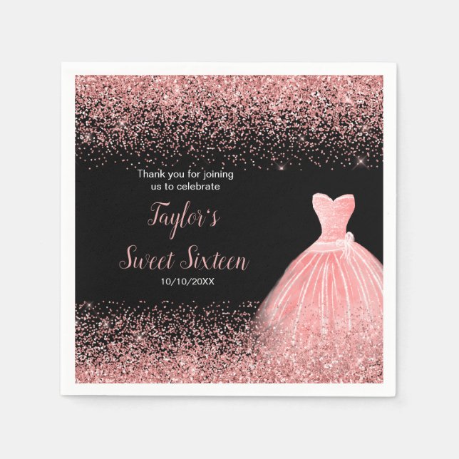 Rose Pink Dress Faux Glitter Sweet 16 Birthday Napkin (Front)