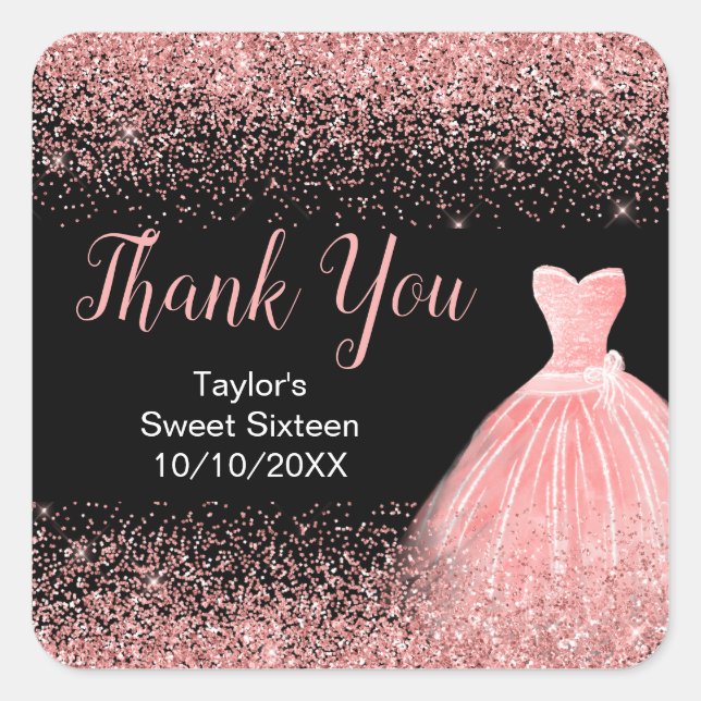 Rose Pink Dress Faux Glitter Sweet 16 Birthday Square Sticker (Front)