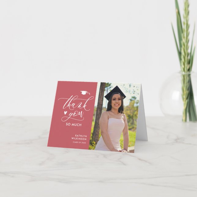 Rose Pink Elegant Script Photo Simple Graduation Thank You Card (Front)