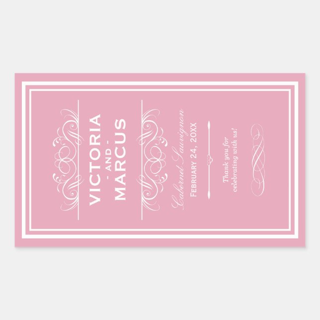 Rose Pink Elegant Wedding Monogram Wine Bottle Sticker (Front)