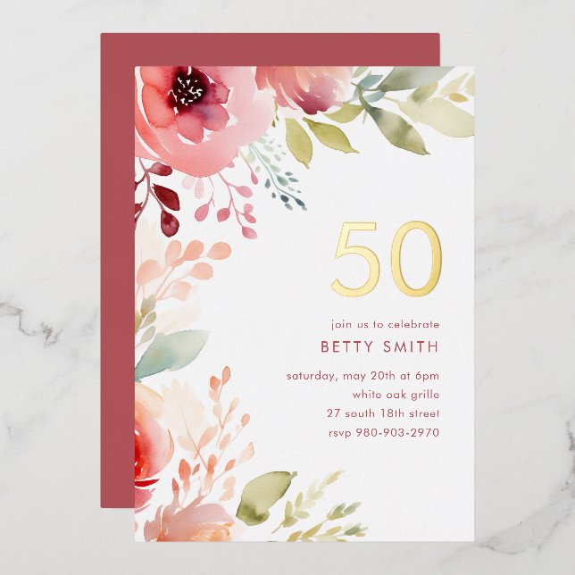 Rose Pink Floral 50th Birthday Invitation (Front/Back)