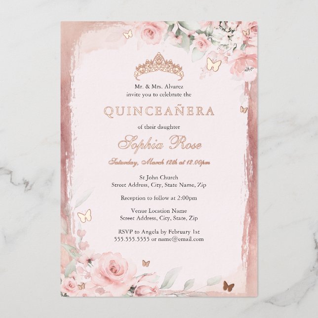 Rose Pink Floral Butterfly Tiara Quinceanera 15th (Front)