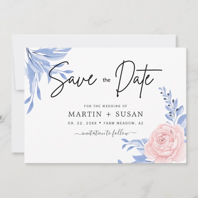 Rose Pink Floral Gold Minimal Dusty Blue Wedding  Save The Date (Front)