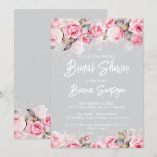 Rose Pink Floral Gray Bridal Shower  Invitation