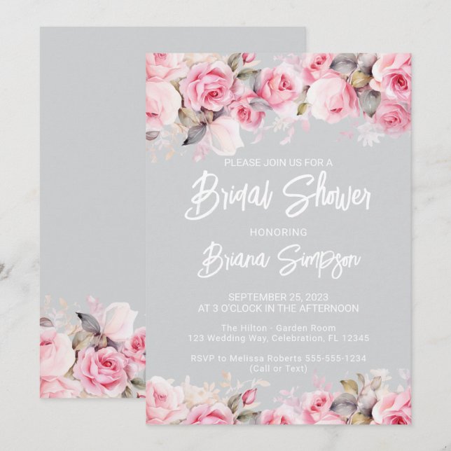 Rose Pink Floral Gray Bridal Shower  Invitation (Front/Back)