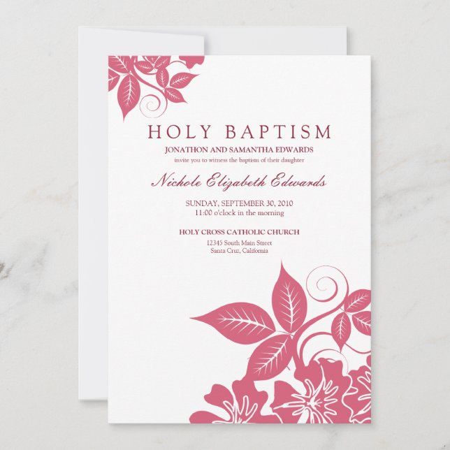 Rose Pink Floral Holy Baptism Invitation (Front)