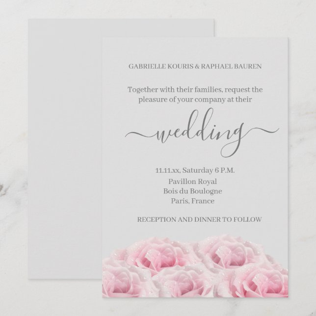 Rose Pink Flower Light Grey Elegant Floral Wedding Invitation (Front/Back)
