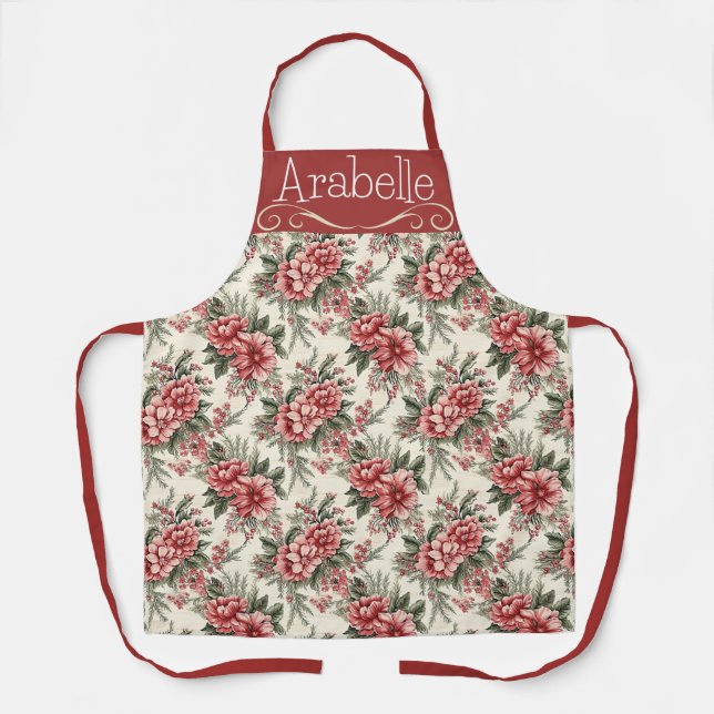 Rose Pink Flowers with Green Leaves Apron (Front)
